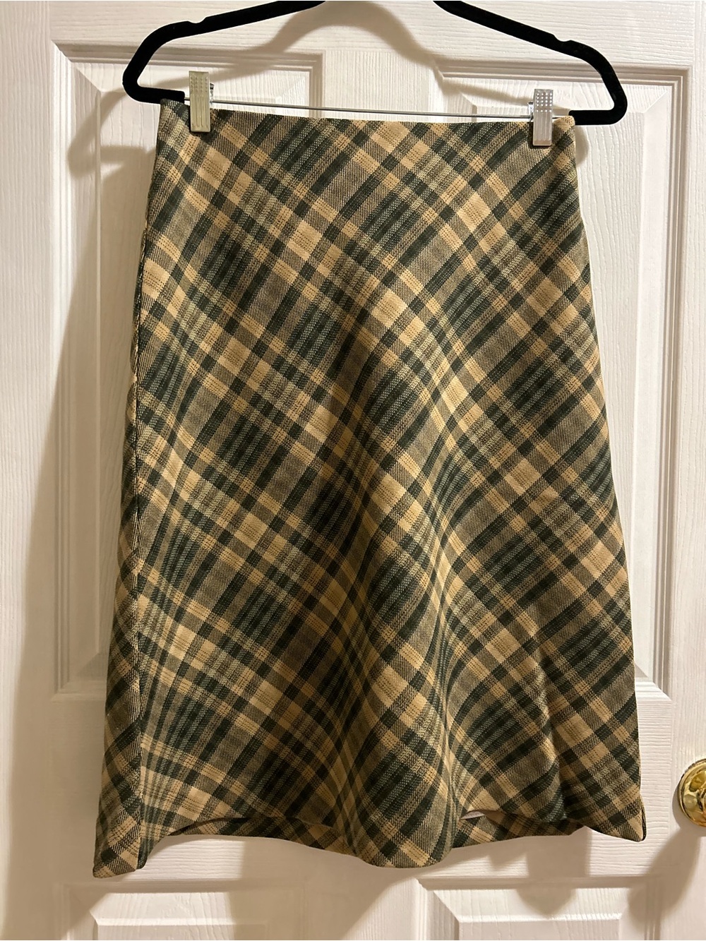 Aritzia Plaid A-Line Midi Skirt in Beige and Dark Green